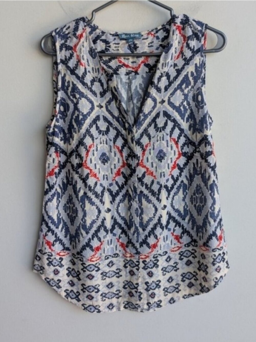 Fleur Bleue Ikat Print Button Down Sleeveless Top